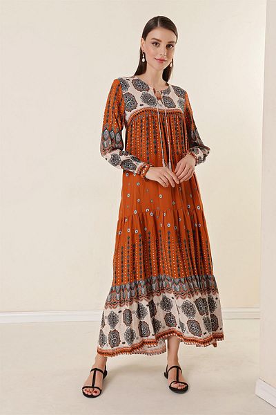 By Saygı Patterned Long Dress with Lace-Up Collar