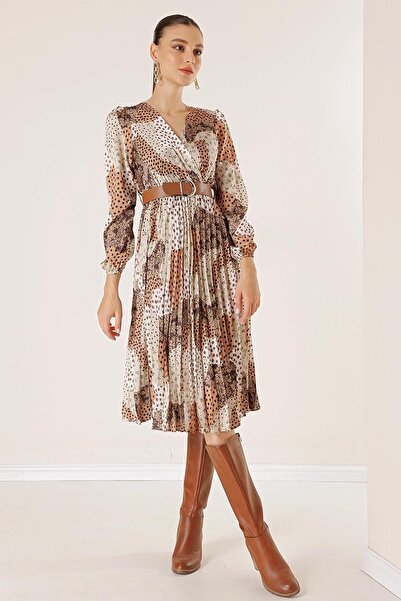 By Saygı Double Breasted Neck Waist Belted Mixed Patterned Lined Pleated Satin Dress