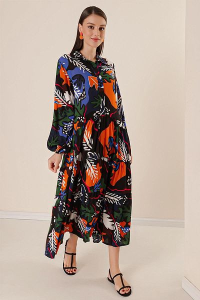 By Saygı Front Half Button Mixed Print Oversize Long Viscose Dress with Pockets