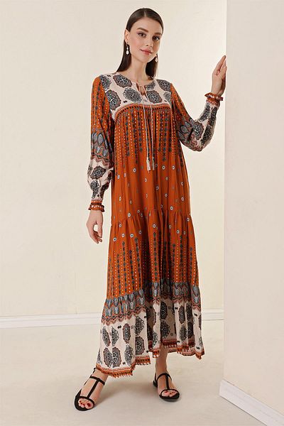 By Saygı Patterned Long Dress with Lace-Up Collar