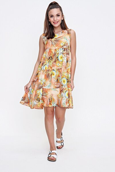 By Saygı Floral Print Ruffled Sleeveless Printed Viscose Dress