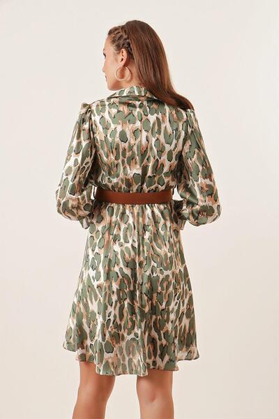 By Saygı Double-Breasted Neckline Leopard Print Lined Satin Dress with Waist Belt