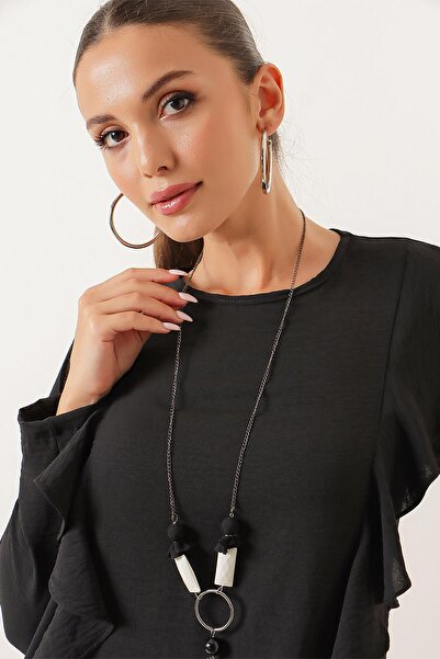 By Saygı Ruffled Long Sleeve Ayrobin Dress with Necklace