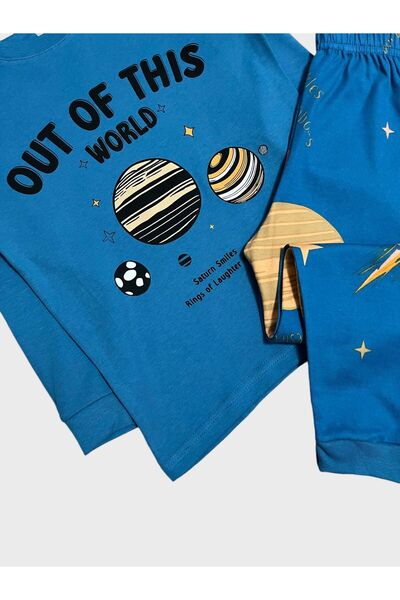 elmas kids Erkek Çocuk %100 Pamuklu Mavi Gezegen Uzay Yıldız Desenli Uzun Kollu Kışlık Pijama Takımı