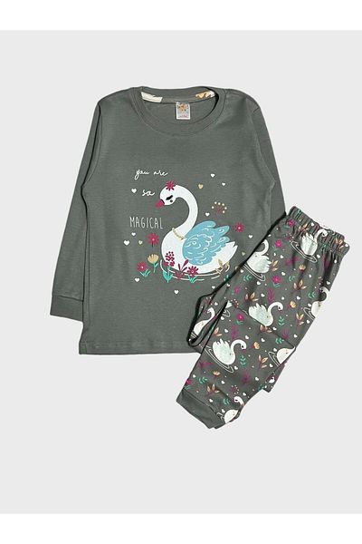 elmas kids Girl's 100% Cotton Gray Swan Print Long Sleeve Winter Pajamas Set