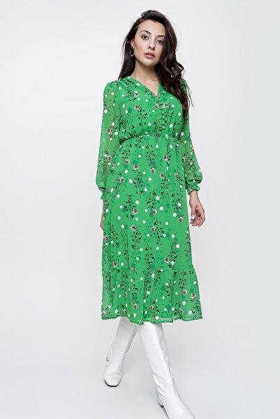 By Saygı Front Half Button Elastic Waist Lined Floral Chiffon Dress