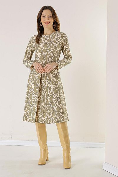 By Saygı Mixed Patterned Fakir Sleeve Single Pleat Woven Lycra Viscose Dress