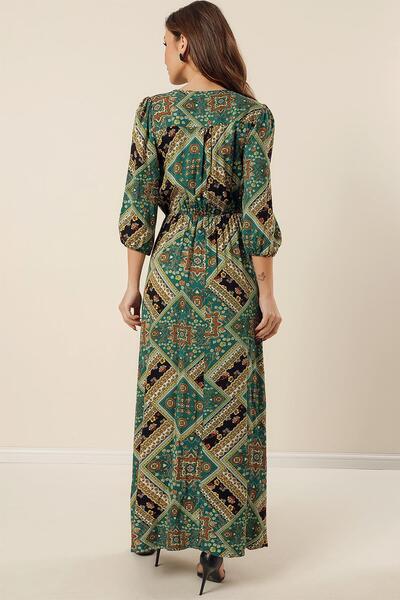 By Saygı Double Breasted Collar Hole Business Detail Kilim Patterned Bermando Viscose Long Dress