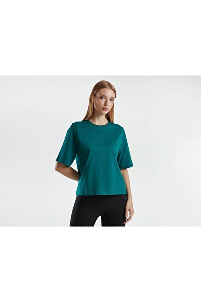 United Colors of Benetton Tricou de damă, verde închis, 100% bumbac, cu croiala box