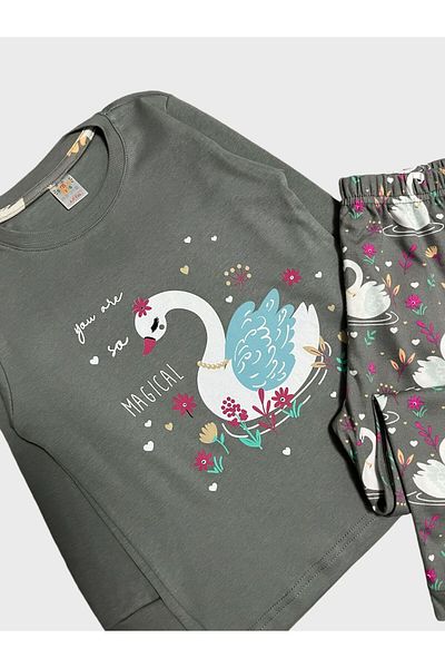 elmas kids Girl's 100% Cotton Gray Swan Print Long Sleeve Winter Pajamas Set