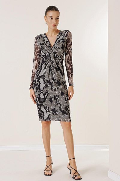 By Saygı Rochie din tul cu model din piele de șarpe căptușită cu detaliu cu noduri în față