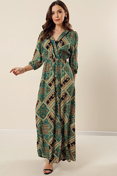 By Saygı Double Breasted Collar Hole Business Detail Kilim Patterned Bermando Viscose Long Dress