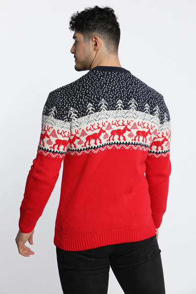 GÜLSELİ Μπλε και κόκκινο ανδρικό πλεκτό πουλόβερ με μοτίβο ελαφιού Winter Lover Couple Combination (μονό προϊόν)