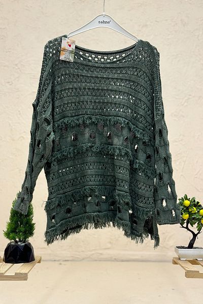 sahnemoda Pulover ajurat cu ciucuri cu gât barcă