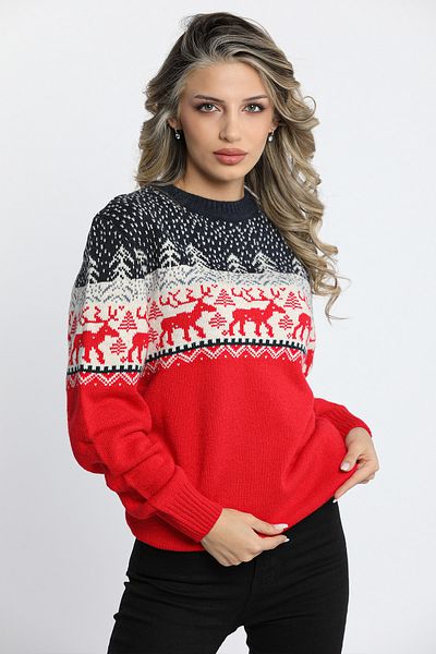 julude Námořnická modro-červená dámský svetr s potiskem jelena Winter Lover Couple