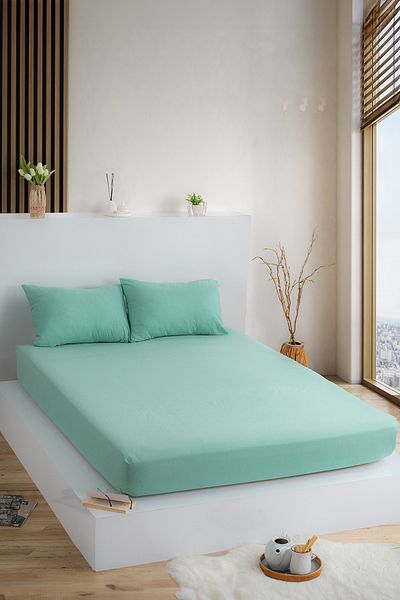 KetraHome Single Plain Green Elastic Sheet Set Cotton 100 X 200 cm Pillow Case 50 X70 cm