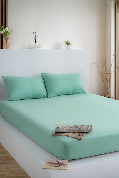 KetraHome Single Plain Green Elastic Sheet Set Cotton 100 X 200 cm Pillow Case 50 X70 cm
