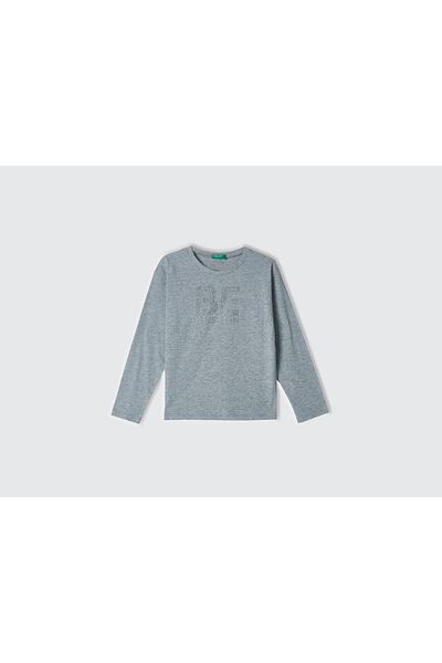 United Colors of Benetton Tricou cu mânecă lungă pentru fetiță, gri Melange, cu sigla strălucitoare în față