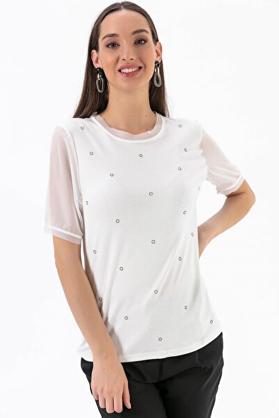 By Saygı Blůza s límcem z šifonu s drahokamu z lycry