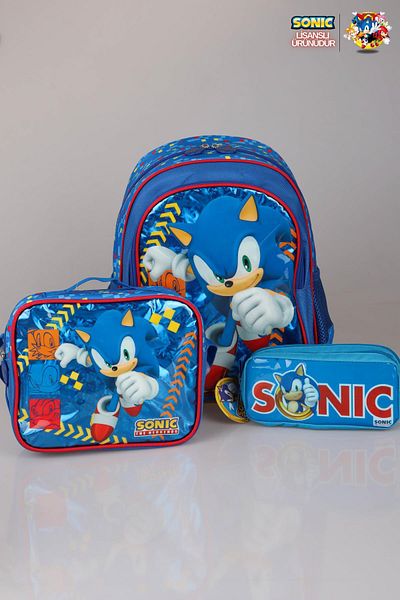 Sonic Geantă de școală Sonic cu licență de sezon nou - Set de papetărie pentru prânz și creion