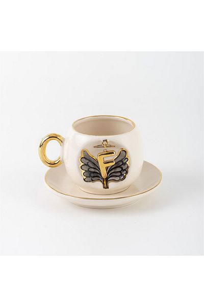 BSK Black Angel Patterned Letter Coffee Cup - Ceramics Handmade