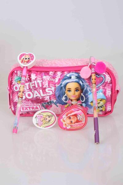 Barbie Lisanslı " Pınk Love " Seti Tüylü Kalemlik , Ponpon Kurşun Kalem,silgi Tepeli Geçmeli Kalem,s