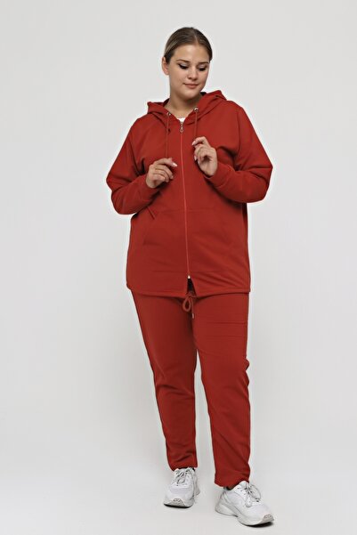 tarzımsüper Large Size Suit with Elastic Waist Comfort Model Hooded Zippered Pocket Sports Daily Tracksuit Set