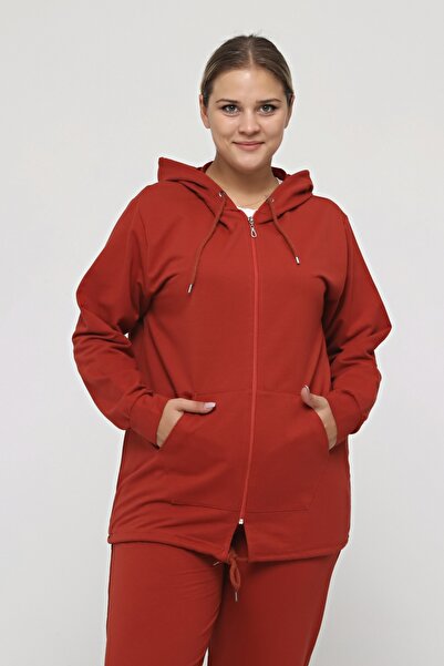 tarzımsüper Large Size Suit with Elastic Waist Comfort Model Hooded Zippered Pocket Sports Daily Tracksuit Set