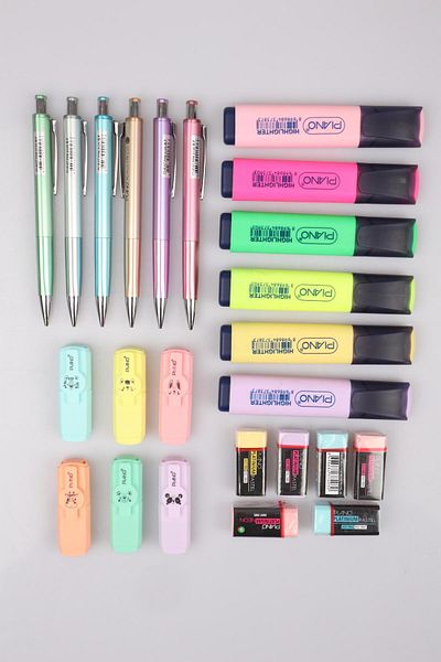 Piano DEKOMUS WITH 12-Piece Highlighter, 6-Piece Nib Pen 0.7 MM and 6-Piece ERASER STATIONERY SET