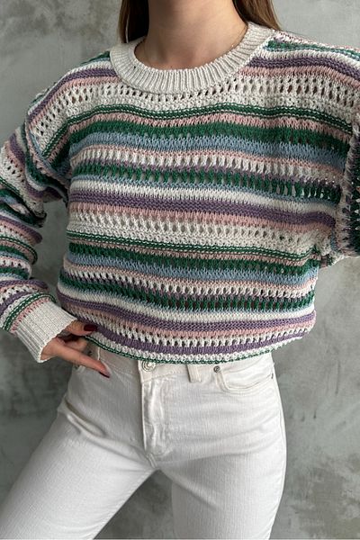 macharel jeans Damen Mehrfarbiger Feinstrickpullover Creme