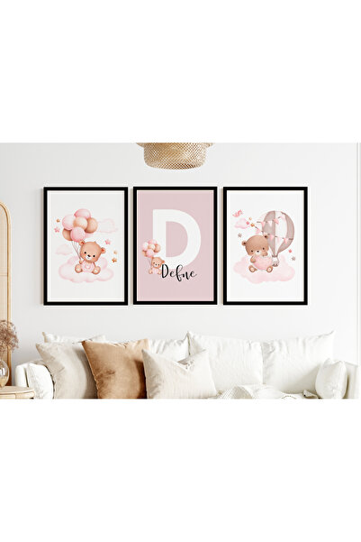 Efsa Sanat Tasarım İsme Özel Çerçeveli Kız Çocuk Odası Tablo Seti - Çocuk Odası Tablosu - Modern Tablo Seti