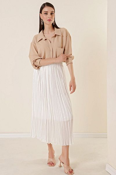 By Saygı Elastic Waist Lined Mini Checkered Thick Striped Long Chiffon Skirt