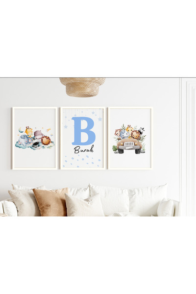 Efsa Sanat Tasarım İsme Özel Çerçeveli Erkek Çocuk Odası Tablo Seti - Bebek O...