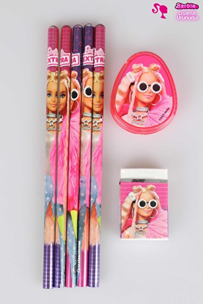 Barbie LİSANSLI BARBIE 5'Lİ KURŞUN KALEM,SİLGİ VE KALPLİ KALEMTRAŞ SETİ