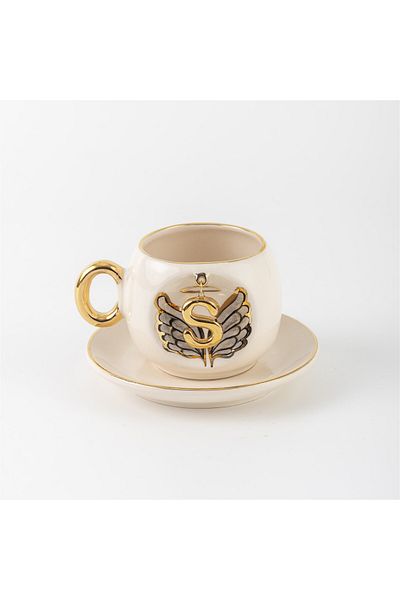 BSK Black Angel Patterned Letter Coffee Cup - Ceramics Handmade