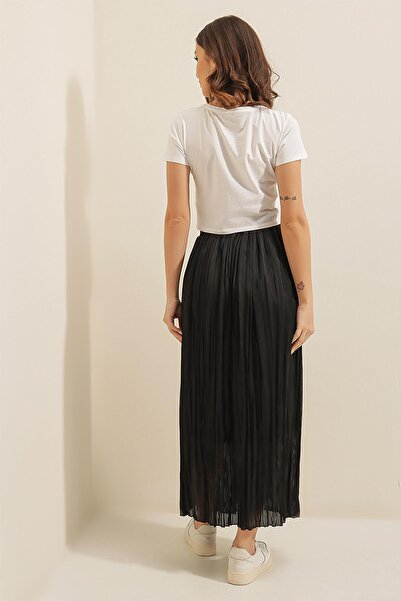 By Saygı Thin Satin Striped Skirt with Elastic Waist Lining