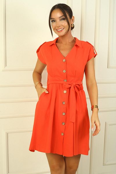 By Saygı Rochie de damă, cu gât polo, cu nasturi în față, cu centură în talie, cu pliuri, cu efect de in