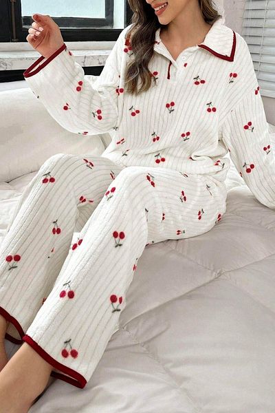 BELLA NOTTE Cotton Cherry Printed Winter Pajamas Set