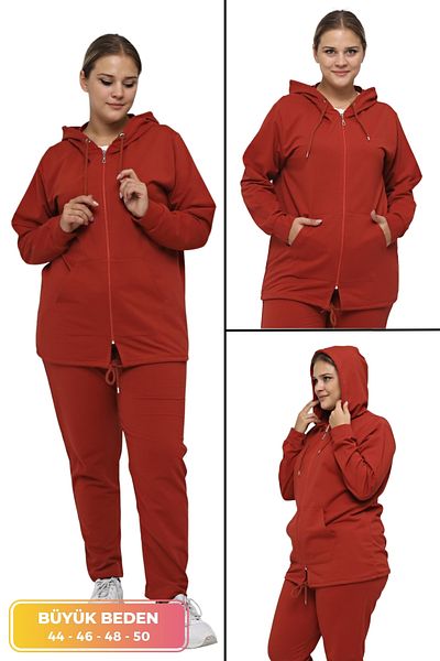 tarzımsüper Large Size Suit with Elastic Waist Comfort Model Hooded Zippered Pocket Sports Daily Tracksuit Set