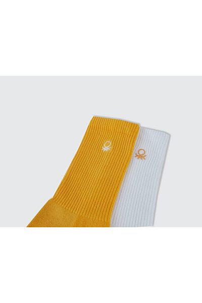 United Colors of Benetton Boy's Yellow Mix Logo Printed 2-Piece Socks Set