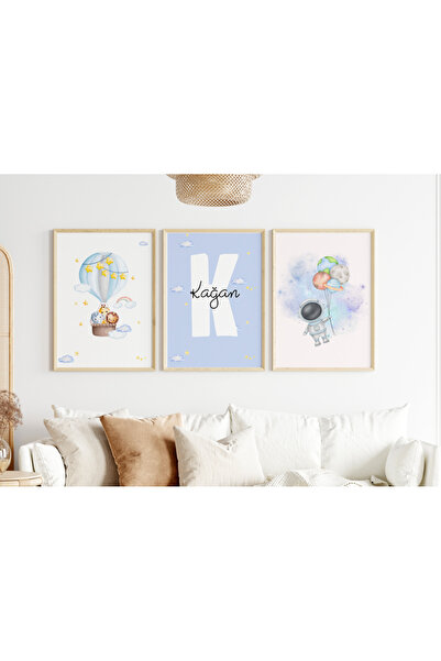 Efsa Sanat Tasarım İsme Özel Çerçeveli Erkek Çocuk Odası Tablo Seti - Bebek O...