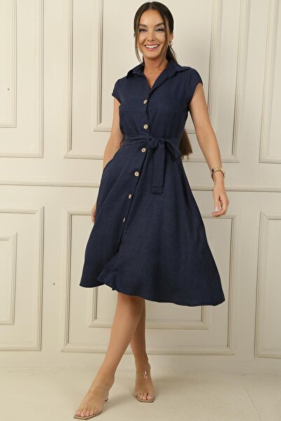 By Saygı Front Buttoned Waist Belted Pocketed Linen Effect Dress