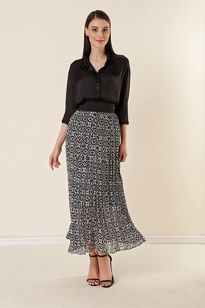 By Saygı Wide Elastic Waist Lined Star Pattern Three Layers Pleated Chiffon Skirt