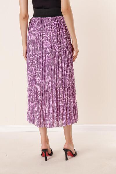 By Saygı Thick Elastic Waist Lined Spotted 3-Layer Chiffon Skirt