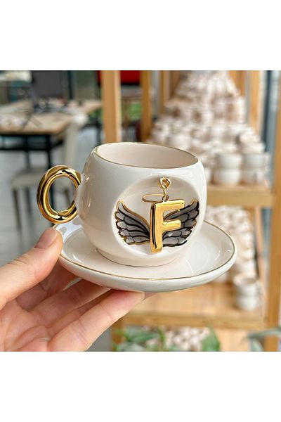 BSK Black Angel Patterned Letter Coffee Cup - Ceramics Handmade