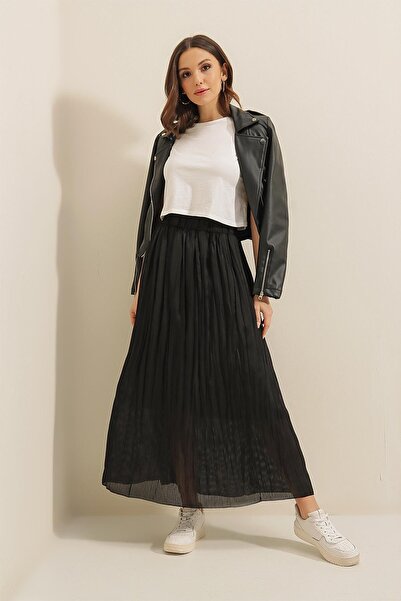 By Saygı Thin Satin Striped Skirt with Elastic Waist Lining