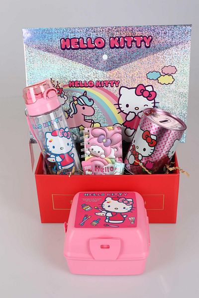 Hello Kitty مجموعة مدرسية مرخصة من DEKOMUS Hello Kitty مع زجاجة مياه ووعاء تغذية