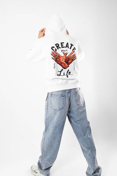 Sekizbiraltı Δωρεάν γκάνγκστερ εμπριμέ υπερμεγέθη Unisex White Hoodie