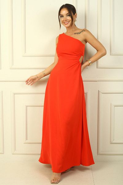 By Saygı Women's One Shoulder Side Window Detailed Long Crepe Satin Dress
