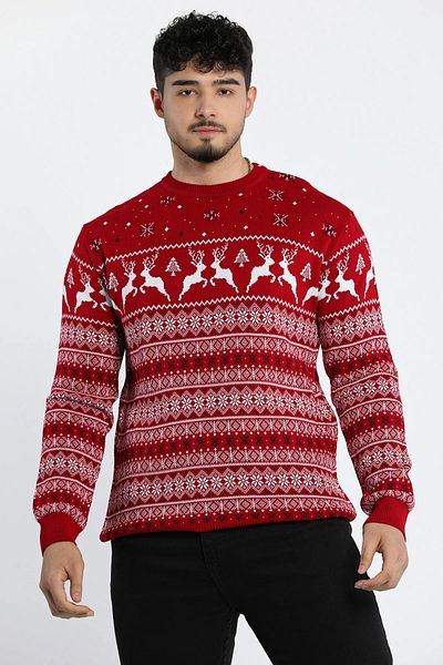 MİSHAR İTALİA Burgundy Men's Crew Neck Deer Patterned Knitwear Sweater